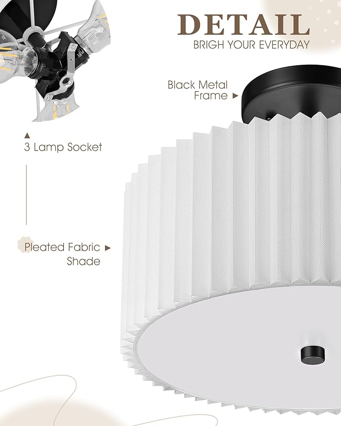 Semi Flush Mount Ceiling Light, 3-Light 12.5" Matte Black Ceiling Light Fixture with White Pleated Fabric Shade, Drum Lamp for Nursery Hallway Bedroom Kitchen, AD-25036-3SF-BK