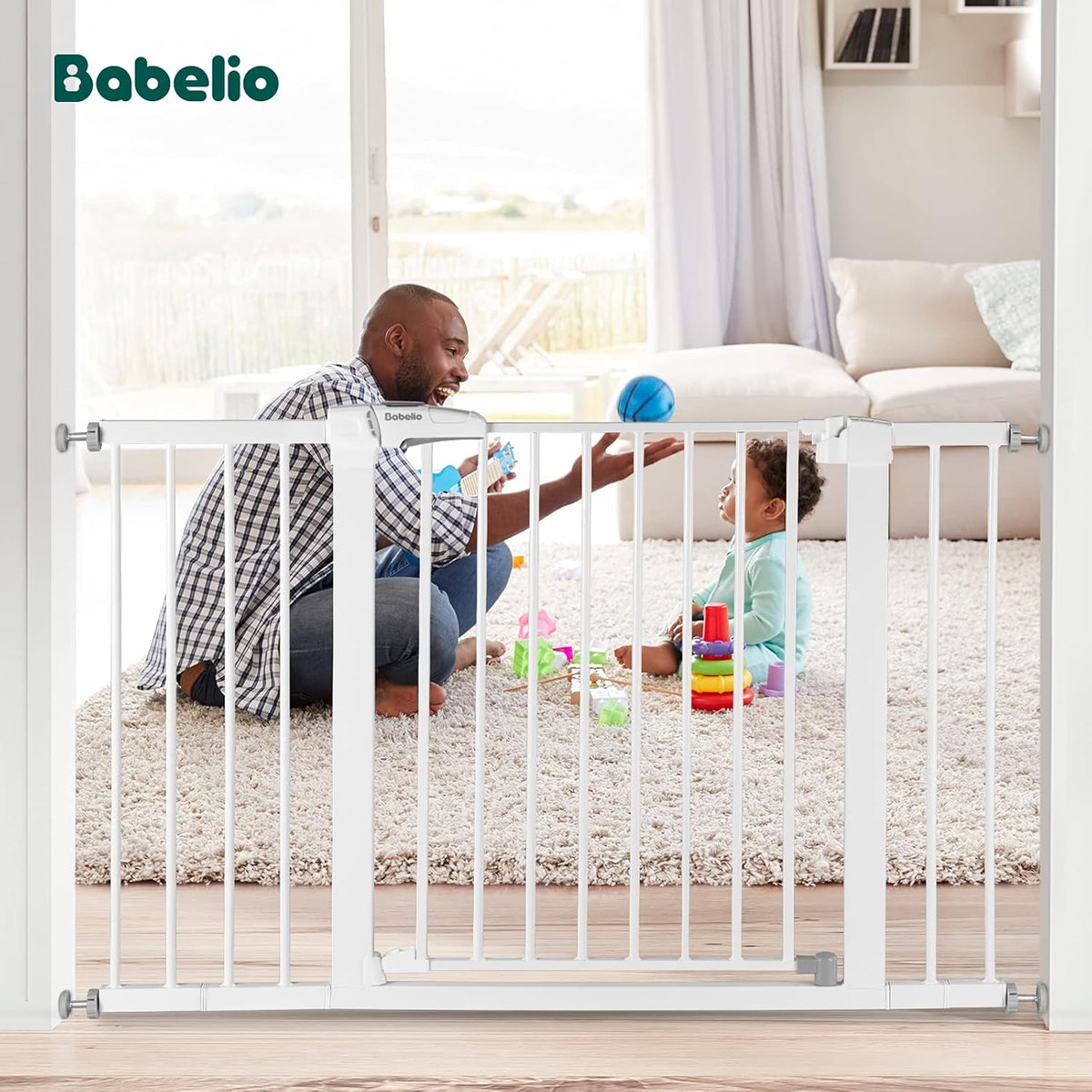 Babelio Metal Baby Gate, 29-48“ Auto Close Easy Install Pet Gate, Extra Wide Walk Thru Child Safety Gate, Pressure Mounted Dog Gate for Doorways & Stairs, with Y Spindle Rods, White