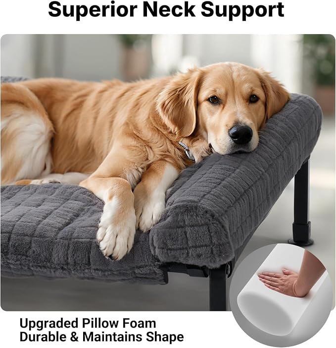 Veehoo Plush Double Dog Couch Bed for 2 Dogs, Washable Elevated Dog Bed | Cooling Raised Pet Cot with Removable Bolster Cushion, Breathable Mesh, No-Slip Feet, 53 x 37 inches, Grey