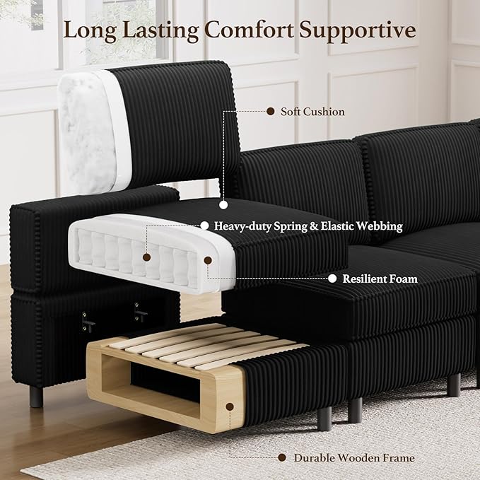 Modular Sectional Sofa 7 Seat U Shaped Couch with Storage Ottoman,Sectional Couches for Living Room,Corduroy Modular Couch in Black