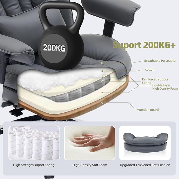 Efomao Big and Tall Office Chair with Footrest – High Back Computer Chair with Adjustable Armrests，Executive Office Chair with Wide Seat, Modern Desk Chair for Home Office, Gaming, or Study, Grey