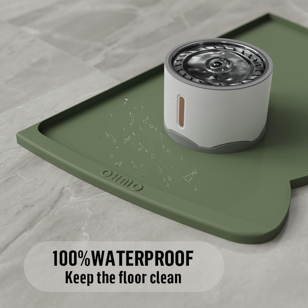 OHMO Dog Food Mat(Camo Green, 24 * 15'') w/Residue Collection Pocket Silicone Pet Feeding Mat for Floor High Edges Anti Spills Waterproof Cat Water Bowl Tray, Easy Clean Placemat