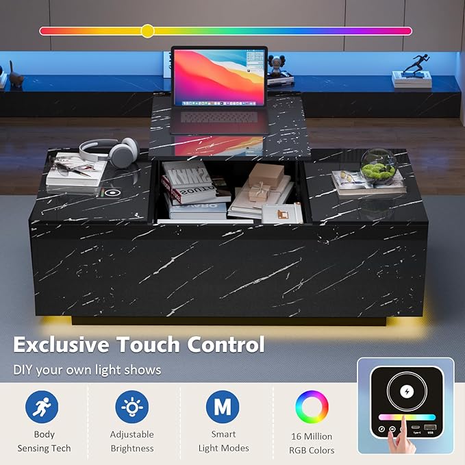 LED Coffee Table, 47.2" Lift Top Coffee Tables with Drawers and Large Storage, Smart Living Room Table with Wireless Charging & Bluetooth Speaker, Dining Center Tables with Storage Shelf