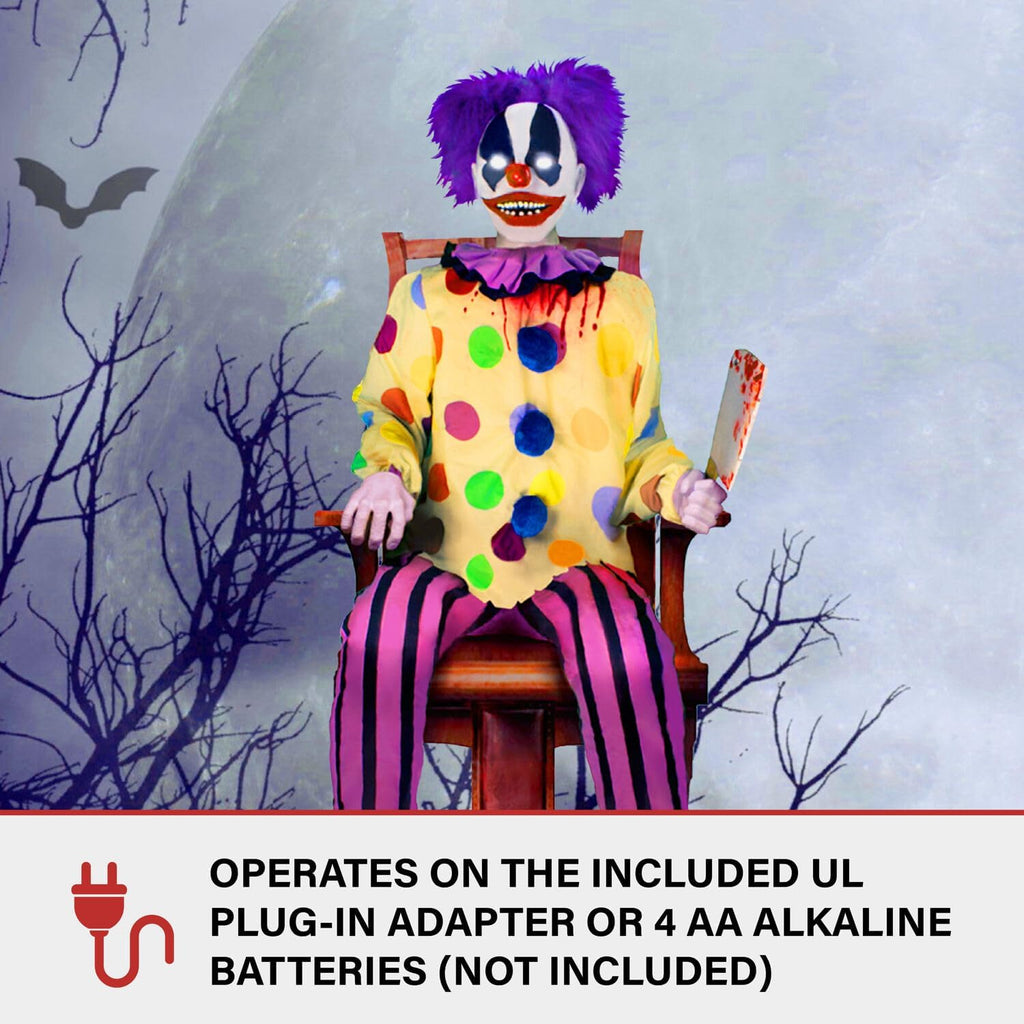 Haunted Hill Farm Motion-Activated Thrashing Clown with a Meat Cleaver by Tekky, Sitting Halloween Animatronic for Indoor or Covered Outdoor Creepy Halloween Decorations, Plug-in or Battery Operated