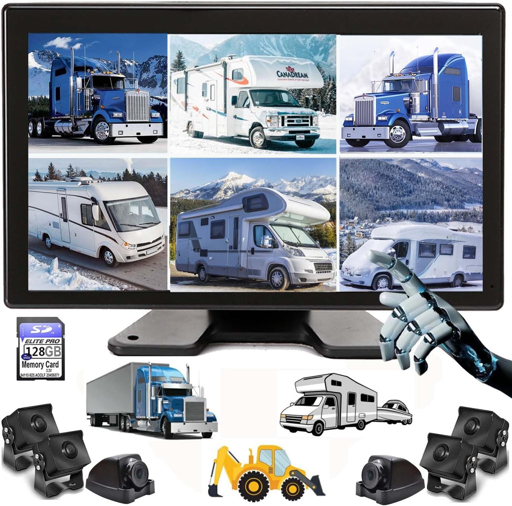 10.1" 1080P Backup Camera Monitor & Built-in DVR for RV Truck Trailer Rear Side Front Reversing View Wired System FHD Image 4 Split Large Screen 64GB Recorder IP69 Waterproof Avoid Blind Spot Kit