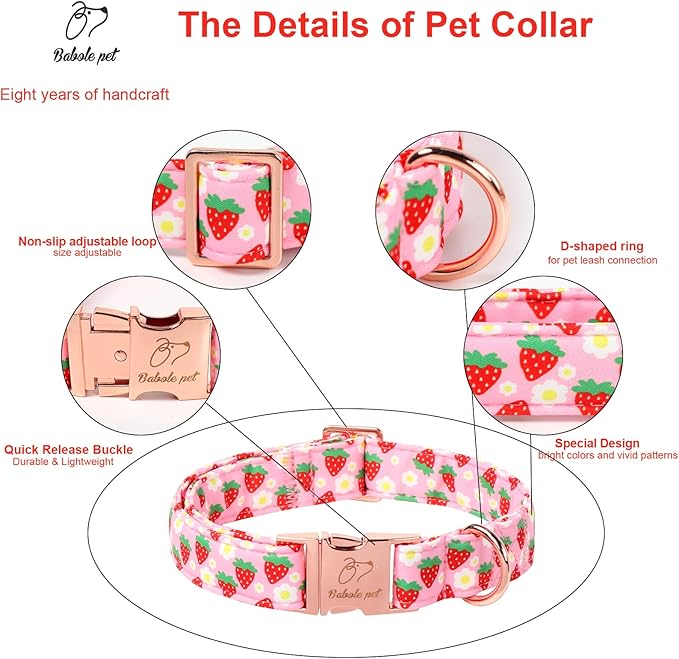 Strawberry Dog Collar for Giant Large Dogs - Adjustable Spring Summer Pink Girl Dog Collars, Cute Girly Female Pet Collar with Metal Buckle XL