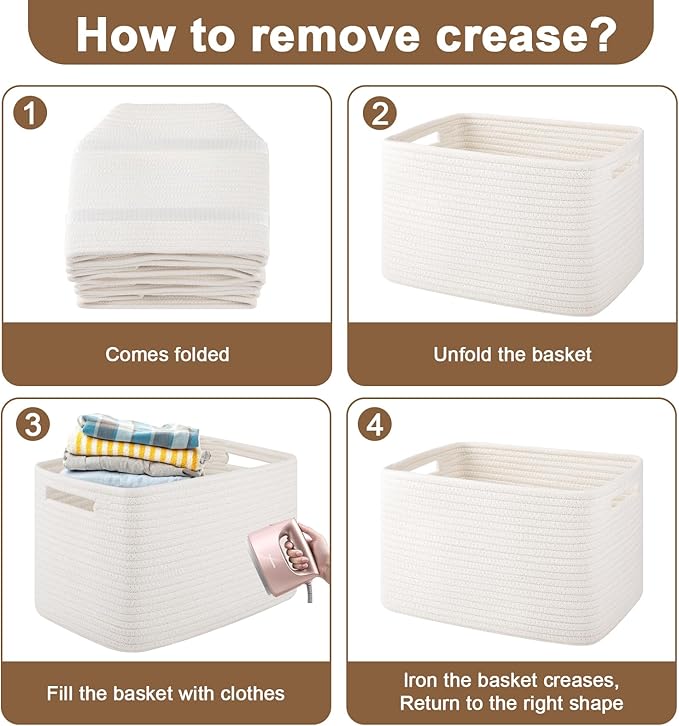 Storage Baskets for Organizing, Woven Decorative Baskets for Shelves - Books, Towels, and Clothes, Cotton Rope Toy Storage Bins, 12.7''Lx9''Wx7.8''H, Pack of 4, White