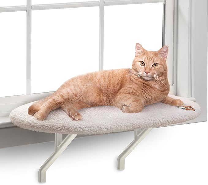 K&H Cat Window Perch Kitty Sill - Cat Window Hammock Bed with Strong Suction Cups Hold 40 lbs, Cushioned Windowsill Bed for Indoor Cats, Washable Cover, Cream Fleece, 24 x 14 Inches