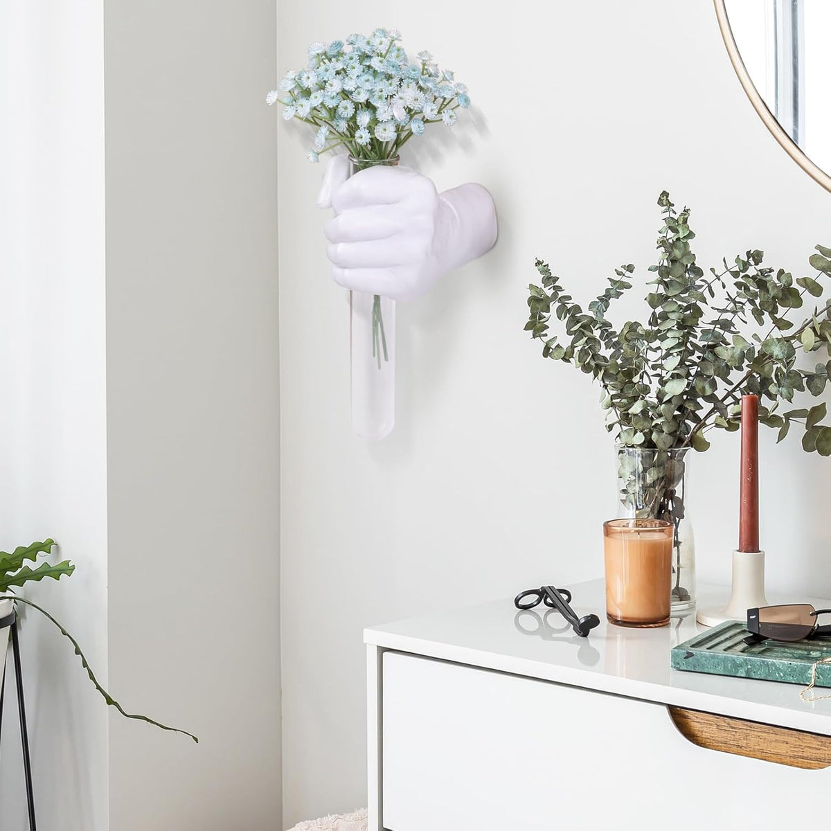 Creative Wall Hanging Sculpture, Funky White Hand Vases Home Decor, Artistic Hanging Hand Sculptures with Test Tube Vases, Unique Wall Art Statue
