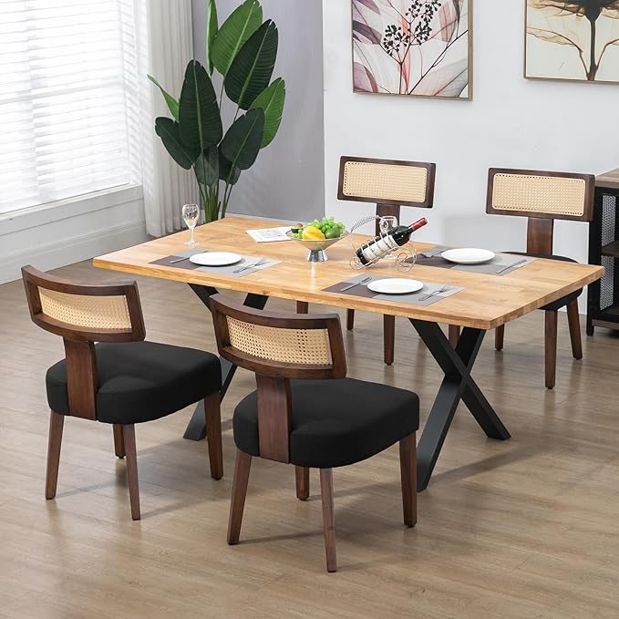 Upholstered Rattan Dining Chairs Set of 2, Mid-Century Modern Fabric Dining Room Chairs with Brown Hardwood Frame, Curved Backrest Kitchen Armless Accent Chairs for Living Room (Black)