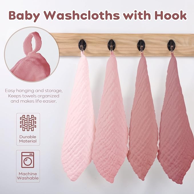 Yoofoss Muslin Baby Washcloths 100% Organic Cotton Face Towels 6 Pack Wash Cloths for Baby 12x12in Soft and Absorbent Baby Wipes (Gradient Pink)