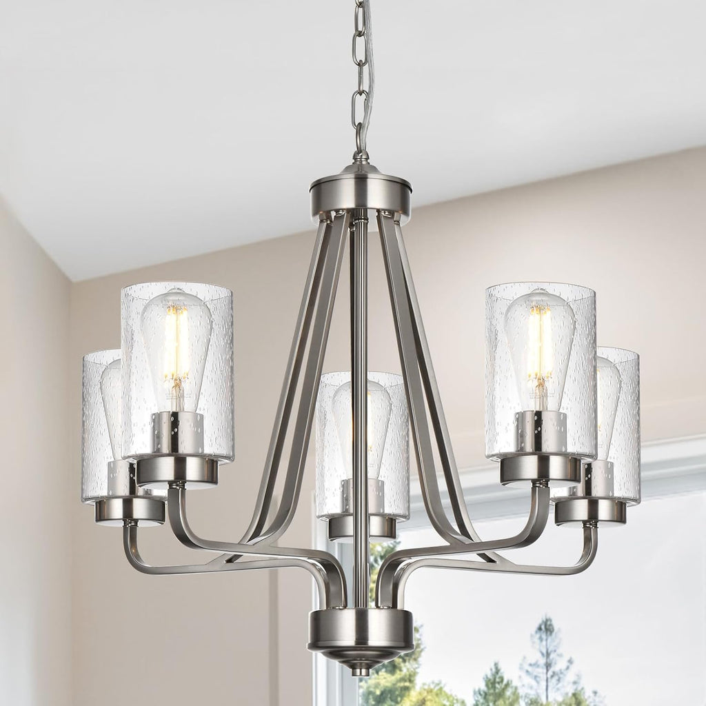 5-Lights Modern Pendant Light Fixtures, Wagon Wheel Dining Room Chandelier in Brushed Nickel, Hanging Ceiling Home Lighting for Foyer Kitchen Bedroom