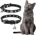 EXPAWLORER Halloween Leather Cat Collar - Adjustable Pet Collar with Rivet Spike for Girl Boy Cats, Punk Accessories with Bell & Durable D-Ring,White Diamond Skull