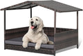 Wicker Dog Bed House, Indoor Outdoor HDPE Rattan Dog Houses, Raised Dog Cot Pet House, Elevated Pets Sofa w/Washable Cover, Waterproof Roof Shelter, Removable Cushion Lounge