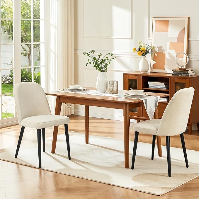 Upholstered Dining Chairs Set of 2, Mid Century Modern Fabric Dining Room Chair High-Back Padded Kitchen Chairs with Padded Seat and Metal Legs for Kitchen Dining Room Restaurant Cafe, Beige