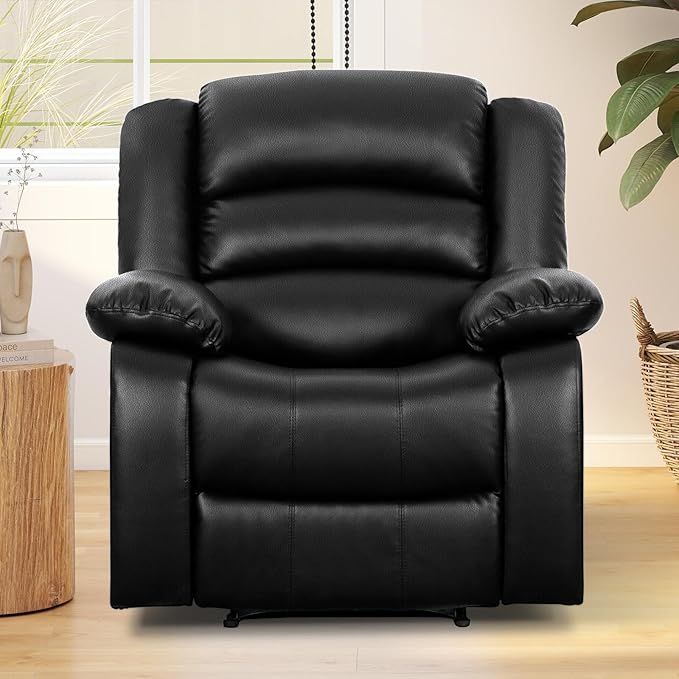 ANJ Black Recliner Chair with Overstuffed Arm and Back, Breathable Faux Leather Manual Reclining Chairs, Living Room Single Sofa Recliners