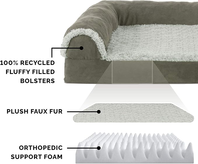 Furhaven Orthopedic Dog Bed for Large/Medium Dogs w/ Removable Bolsters & Washable Cover, For Dogs Up to 55 lbs - Two-Tone Plush Faux Fur & Suede L Shaped Chaise - Dark Sage, Large