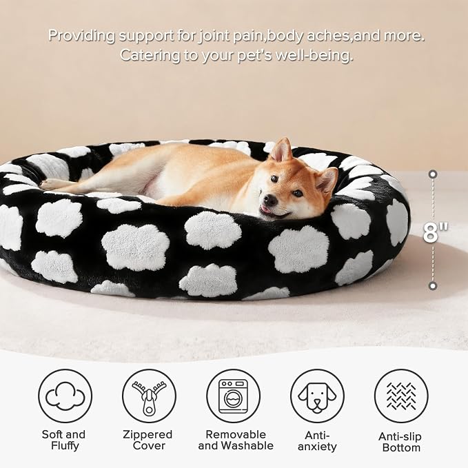 JOEJOY Jacquard Donut Round Small Dog Beds,Black 23x23x7in, Removable Washable Cover, Cute Pattern, Ultra Soft Fluffy Calming Pet Bed with Thick Supportive Bolster