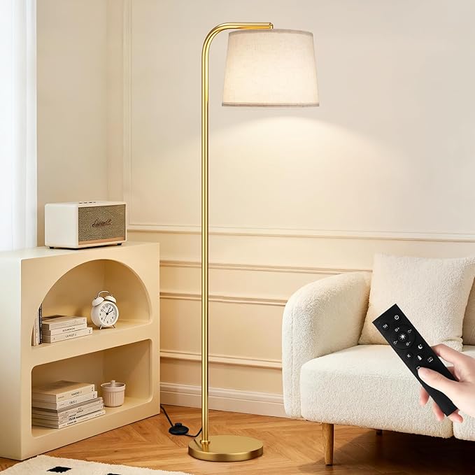 Ambimall Remote-Controlled Floor Lamp - Color Temperature Adjustable and Fully Dimmable, Standing Lamp for Living Room with Rotating Head, Tall Lamp for Bedroom, 9W Bulb Included (Gold and Beige)