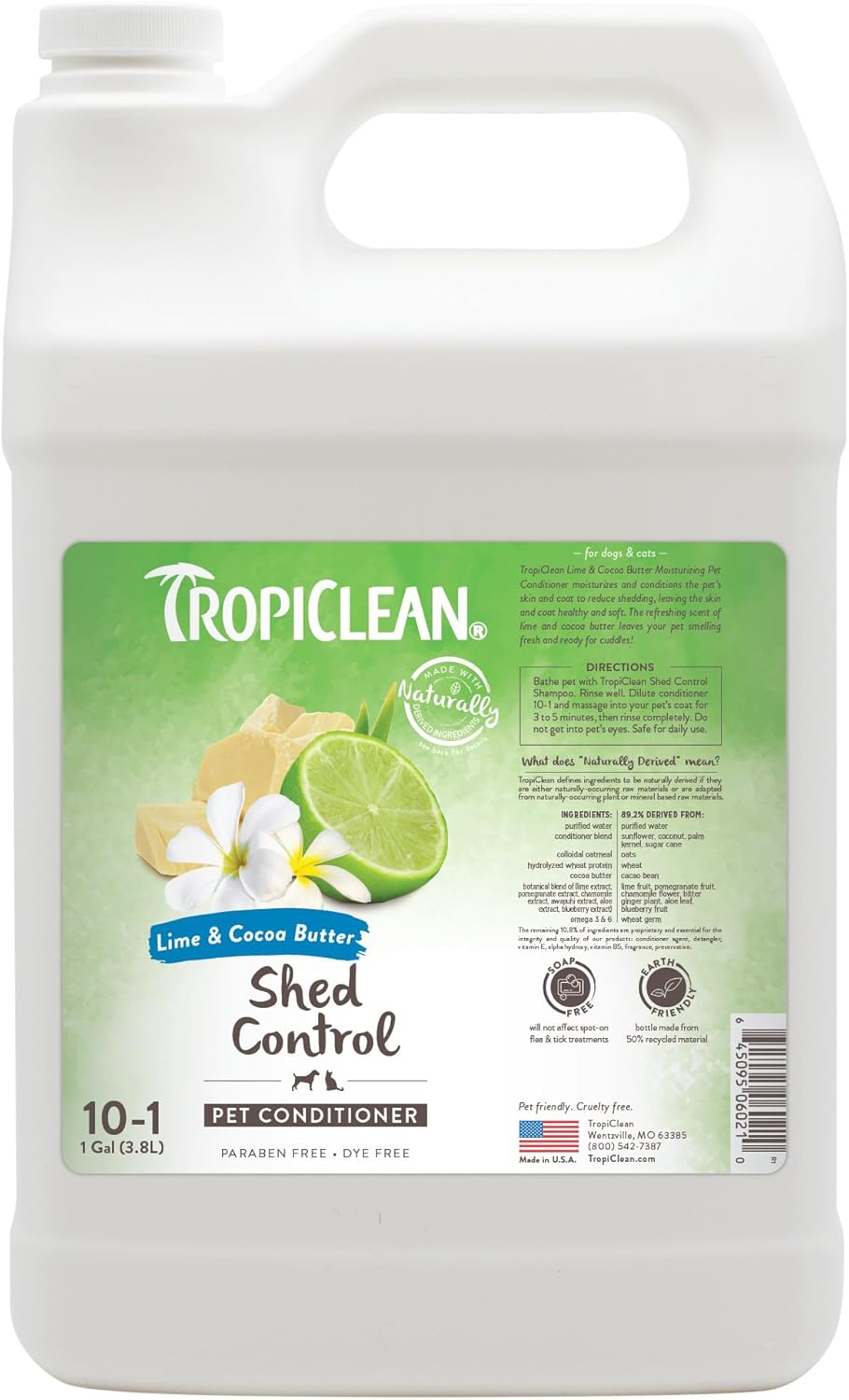 TropiClean Deshedding Dog Conditioner, Professional Conditioner, Reduces Shedding & Softens Coat, Puppy Safe, Lime & Cocoa Butter Scent, 1 Gallon