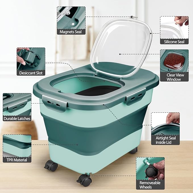 Dog Food Storage Container, 5-20Lbs Collapsible Pet Food Storage Containers with Rolling Wheel Airtight Locking Lid, Dry Food Storage Bin with Cup and Scoop, Suitable for Pet Food, Flour, Rice