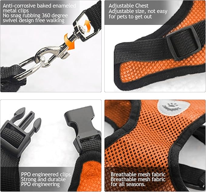 shudyear Summer cat Chest Harness and Leash, Anti-Escape Adjustable Soft mesh cat Leash and Chest Harness Set for All Types of Cats cat Vests (Size L, Orange)