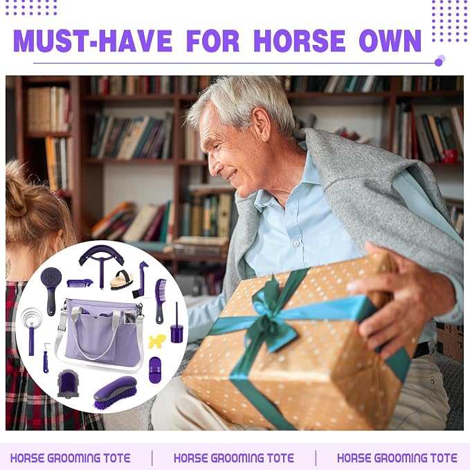 Abbylike 15 Pieces Horse Grooming Kit with Organizer Tote Bag Tack Room Supplies Horse Brush Sets Care Equine Cleaning Kit Shedding Grooming Massaging Tools(Purple and Grey)