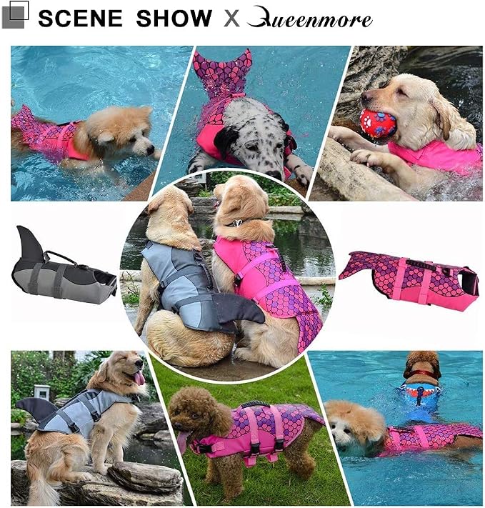 Dog Life Jacket Ripstop Shark Dog Safety Vest Adjustable Preserver with High Buoyancy and Durable Rescue Handle for Small,Medium,Large Dogs, Pink Fish Small