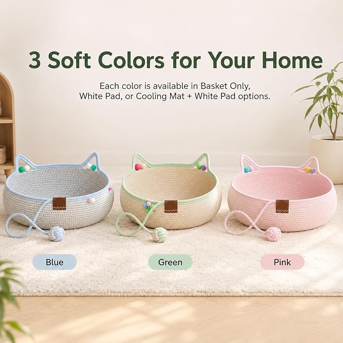 Handwoven Cotton Rope Cat Basket Bed with Hanging Ball Toy (Green, Large) | cat bed, woven cat basket, kitten bed, small dog bed, cat toy ball, all season pet bed, washable cat cushion