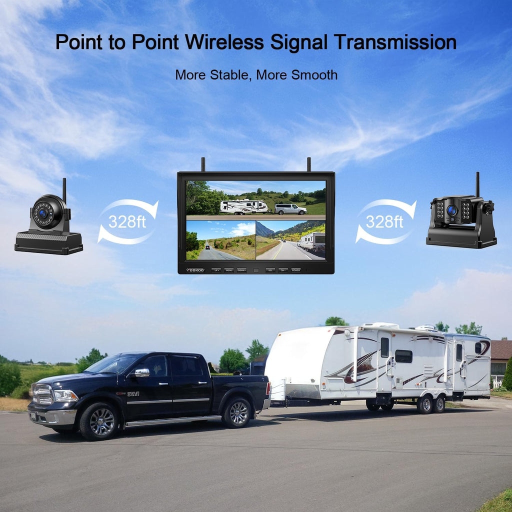 Fookoo HD 10" Magnetic Wireless Backup Camera,10" IPS Split Screen Monitor, Rechargeable 2 Side View 1 Rear View Cameras,Low Consumption 1-Min Install No Drilling Recording for Trailer Truck DCX103