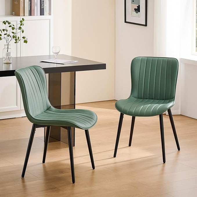 Modern Dining Chairs Set, Heavy Duty Upholstered Side Chairs with Faux Leather, Comfortable Cushions & Durable Metal Legs with Adjustable Feet, Perfect for Kitchen, Dining Room (Green, Set of 2)