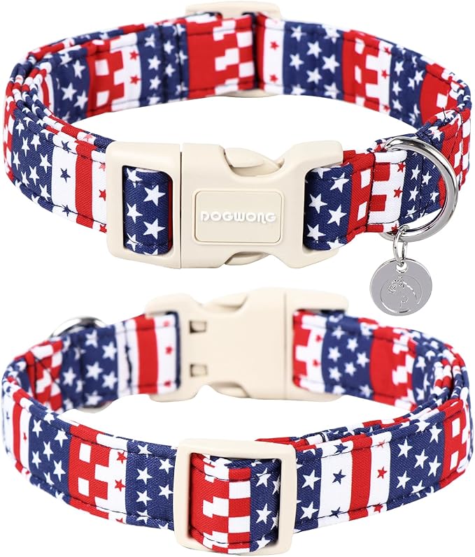 DOGWONG Cotton Dog Collar - 4th of July Durable Soft Natural Fabric Pet Collar, Cute Patriotic Puppy Necklace for Small Medium Large Dogs