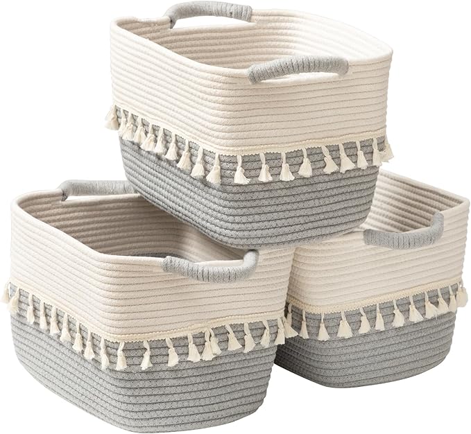 TeoKJ Storage Basket 3 Pack for Organizing, Cotton Rope Baskets for Toy, Clothes, Blankets, Decorative Basket for Living Room, Nursery, Bathroom, White & Gray