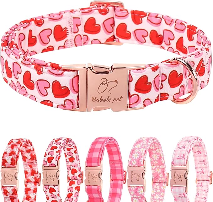 Valentines Dog Collar, Pink Heart Print Girl Dog Collars, Cute Valentine Puppy Collars, Adjustable Heavy Duty Pet Collar for Small Medium Large Dogs with Metal Buckle XS
