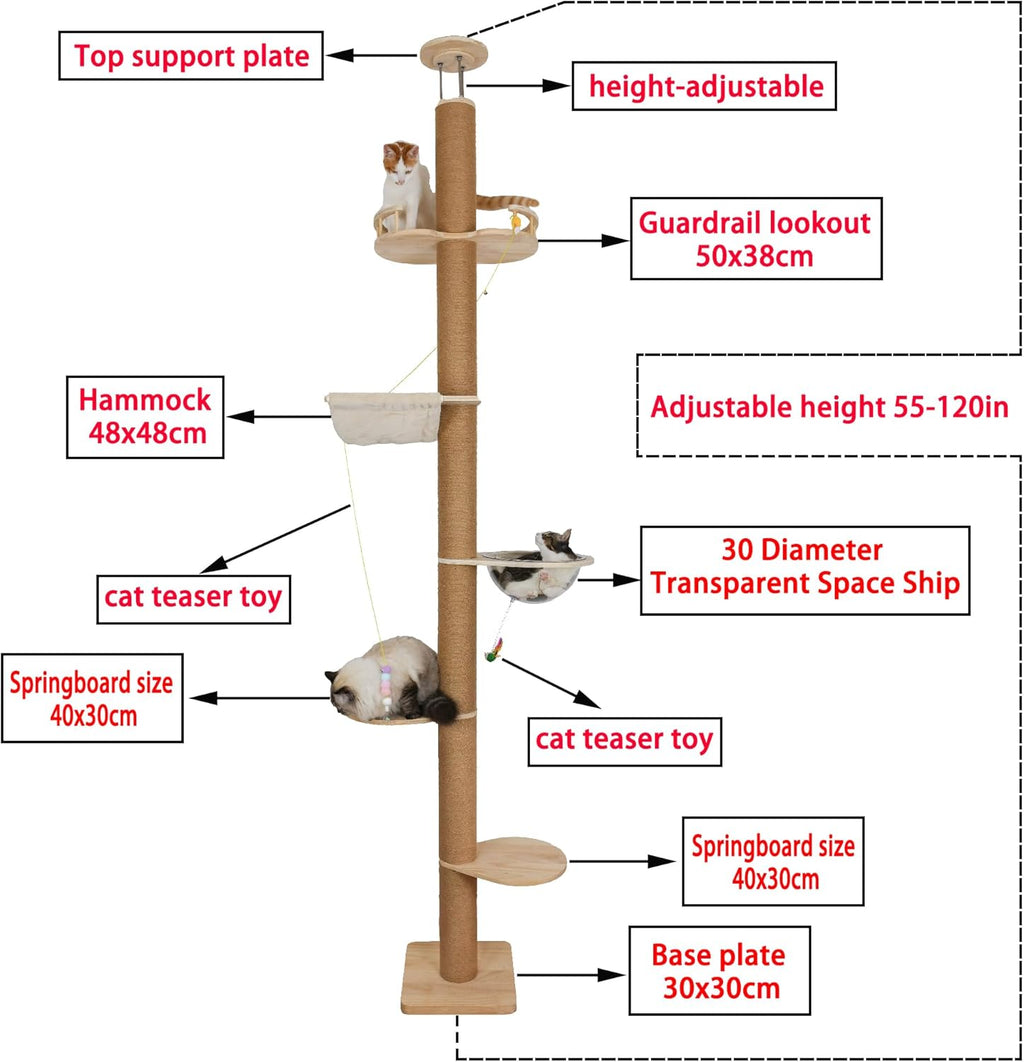 Floor to Ceiling Cat Tree Height (50-120 in) Adjustable Cat Tower 5 Tier Hemp Scratching Post High Cat Tree Sturdy Activity Tree Indoor Outdoor Cat Scratching Post Activity Center