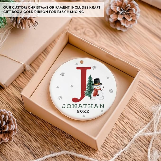 Andaz Press Personalized Ornament, Custom Name, Initial J Monogram Snowman 2.8" Ceramic Porcelain 2025 Christmas Ornament Keepsake for Kids, Boys, Girls, Initial Ornaments Monogram Ornament 1-Pack