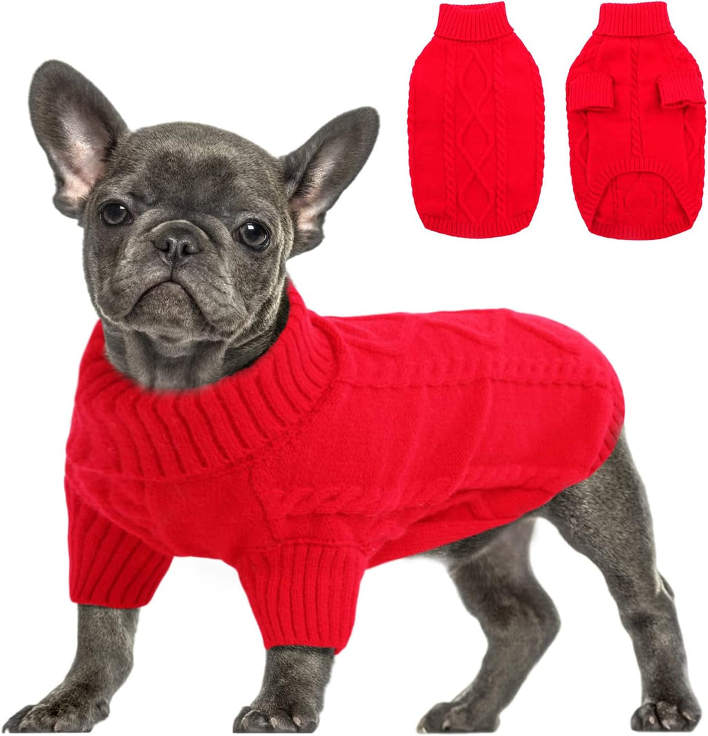 Queenmore Small Dog Pullover Sweater, Cold Weather Cable Knitwear, Classic Turtleneck Thick Warm Clothes for Chihuahua, Bulldog, Dachshund, Pug (Red, X-Large)