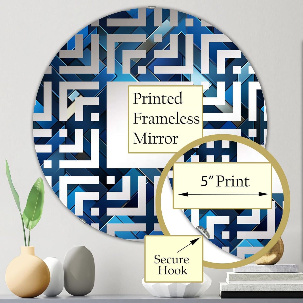 Symmetric Cubes in Deep Cobalt Blue - Geometric Maze - 24 Inches - Round Decorative Wall Mirror for Bathroom, Bedroom, Entryway, Living Room, Vanity Room and Modern Décor