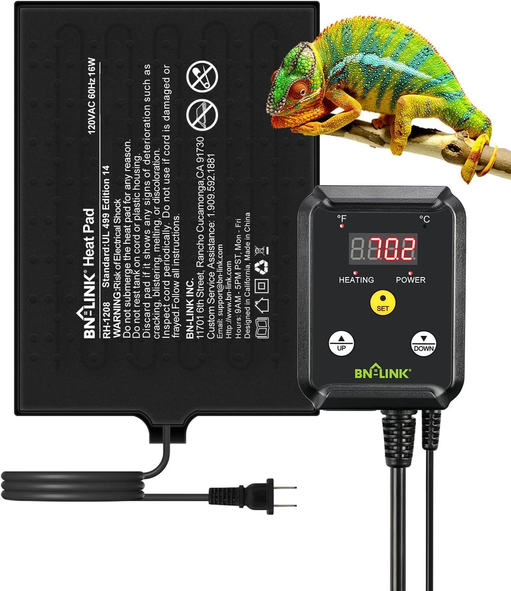 BN-LINK Durable Reptile Heating Pad 8" X 12" with Digital Thermostat Under Tank Heater Terrarium Warmer Combo Set for Turtles, Lizards, Frogs, and Other Reptiles