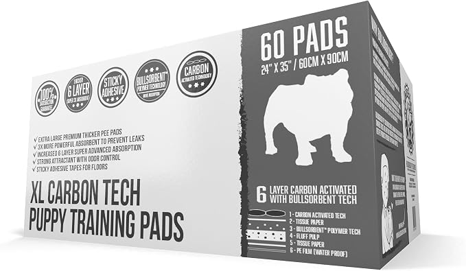 Bulldoglogy Carbon Black Puppy Pee Pads with Adhesive Sticky Tape - Extra Large Charcoal Housebreaking Dog Training Wee Pads (24x35) (360-Count, Black)