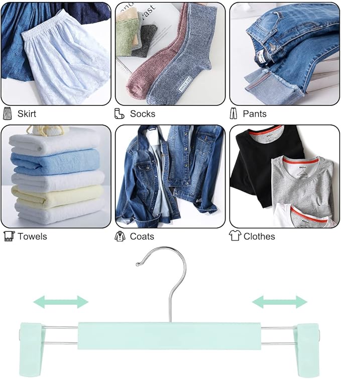 Clothes Pants Hangers, Space-Saving Skirt Holders with 360 ° Swivel Hooks, Adjustable Clips, Trouser Hangers, Clothes Coat Garment Jeans Hangers (30 Pack, Green)