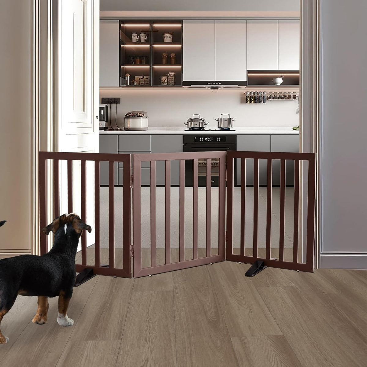 ZJSF Freestanding Indoor Dog Gate for House Foldable Wood Puppy Gate for Doorways Pet Gate for Stairs Extra Wide Pet Fence, Brown, 24" Height 3 Panels