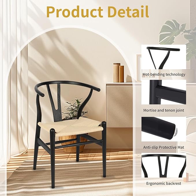 Wishbone Chair Natural Solid Wood Dining Chair/Hans Wegner Y Chair Rattan and Wood Accent Armrest Chairs Set of 2 (Ash Wood - Black + Natural Cord)