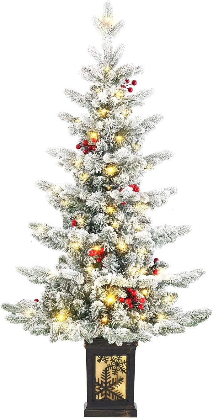 Small Pre-Lit Christmas Tree with LED Lights - 3.5FT Snow Flocked Ariticifial Tree with Vintage Snowflake Base, Battery Operated & Auto Timer for Home Office Xmas Decor