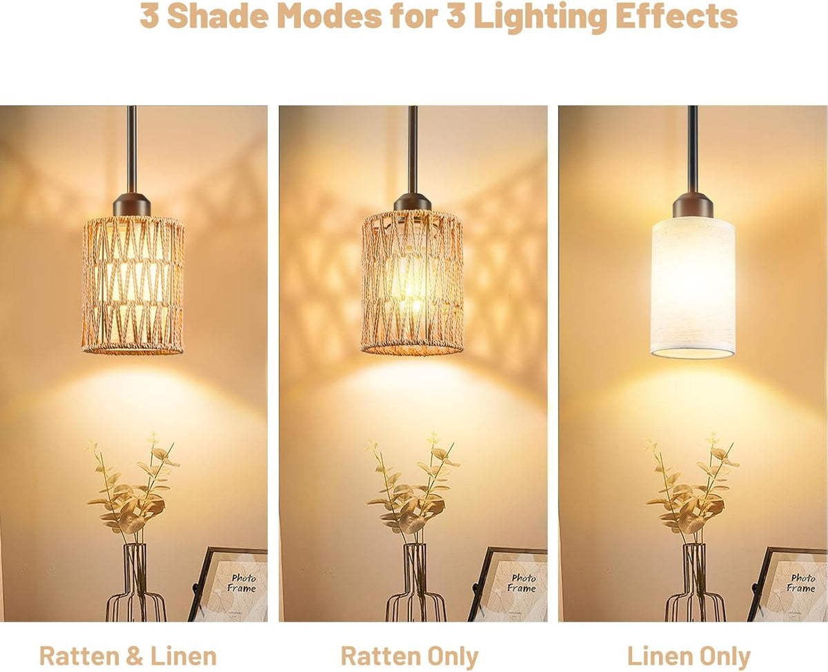 Pendant Light Boho Hanging Lamp - Rattan & Linen 2-in-1 Shade, Adjustable Hanging Lights Fixture for Kitchen Island, Dining Room, Farmhouse, Bedroom (3 Pack)