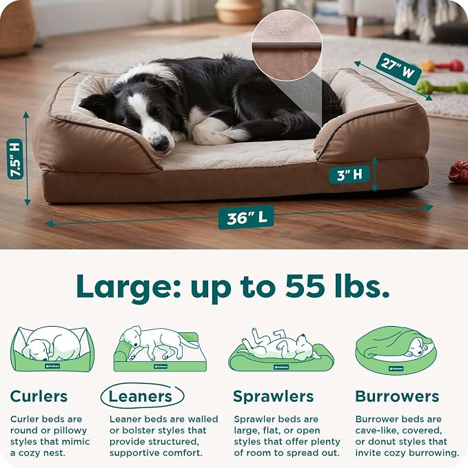 Furhaven Orthopedic Dog Bed for Large/Medium Dogs w/ Removable Bolsters & Washable Cover, For Dogs Up to 55 lbs - Plush & Velvet Waves Perfect Comfort Sofa - Brownstone, Large
