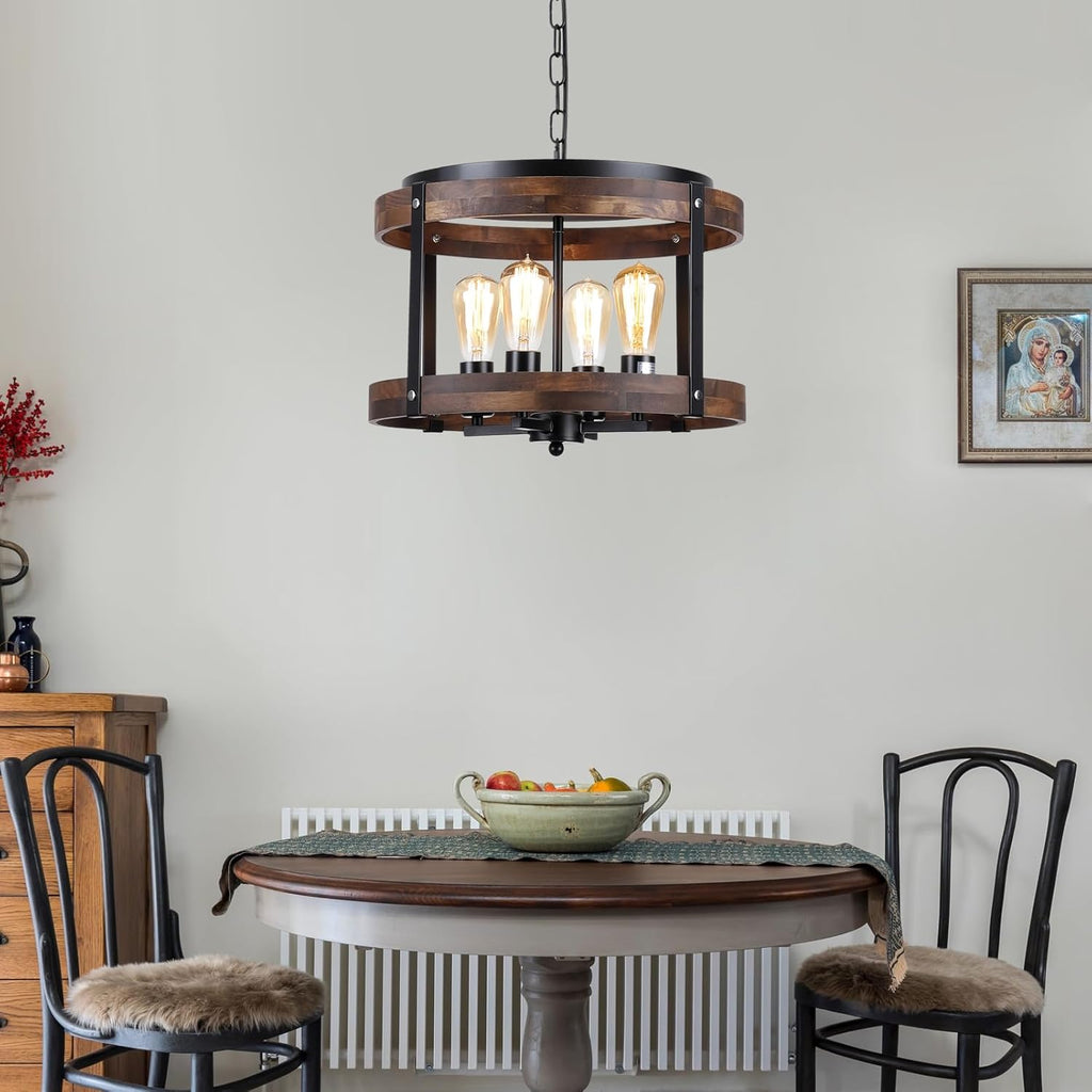4-Light Large Rustic Farmhouse Wood Pendant Light Fixture with Adjustable Chain, 16.5 inch Oak Wood Drum Chandelier for Dining Room Kitchen Island Farmhouse Living Room Hallway, Black