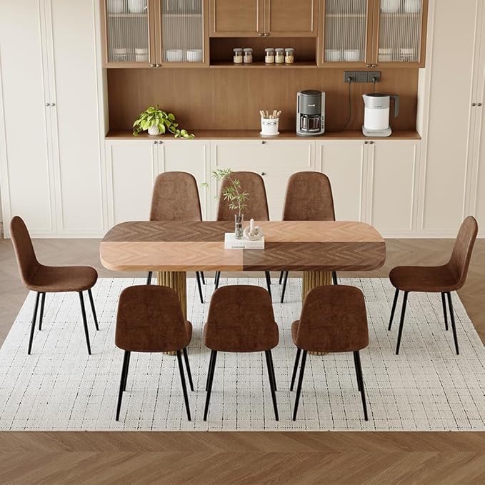 79" Large Dining Table Set for 8, Rectangular Wood Dining Room Table with 8 Suede Upholstered Chairs, 1.7" Thick Two-Color Wood Top & Sculpted Wave Legs, Modern Farmhouse Kitchen Table and Chairs Set
