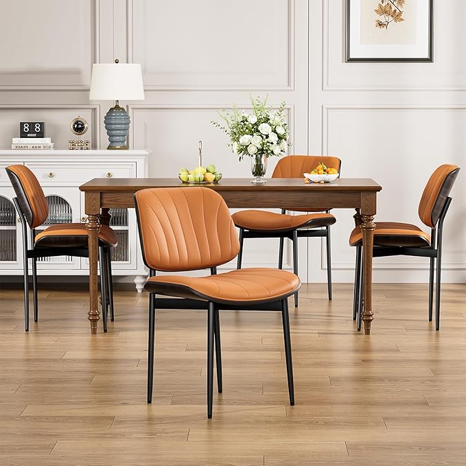 Dining Chairs Set of 2, Mid Century Modern Dining Room and Kitchen Chairs, Upholstered PU Leather Chairs with Walnut Bentwood and Metal Legs, Orange