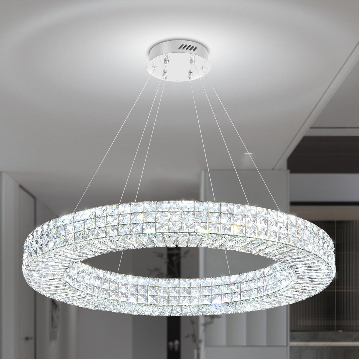 Dia 32" Ring Crystal Chandelier Modern Silver Ring Chandelier Adjustable Height Luxury Crystal Pendant Ceiling Light Fixture for Dining Living Room Bedroom
